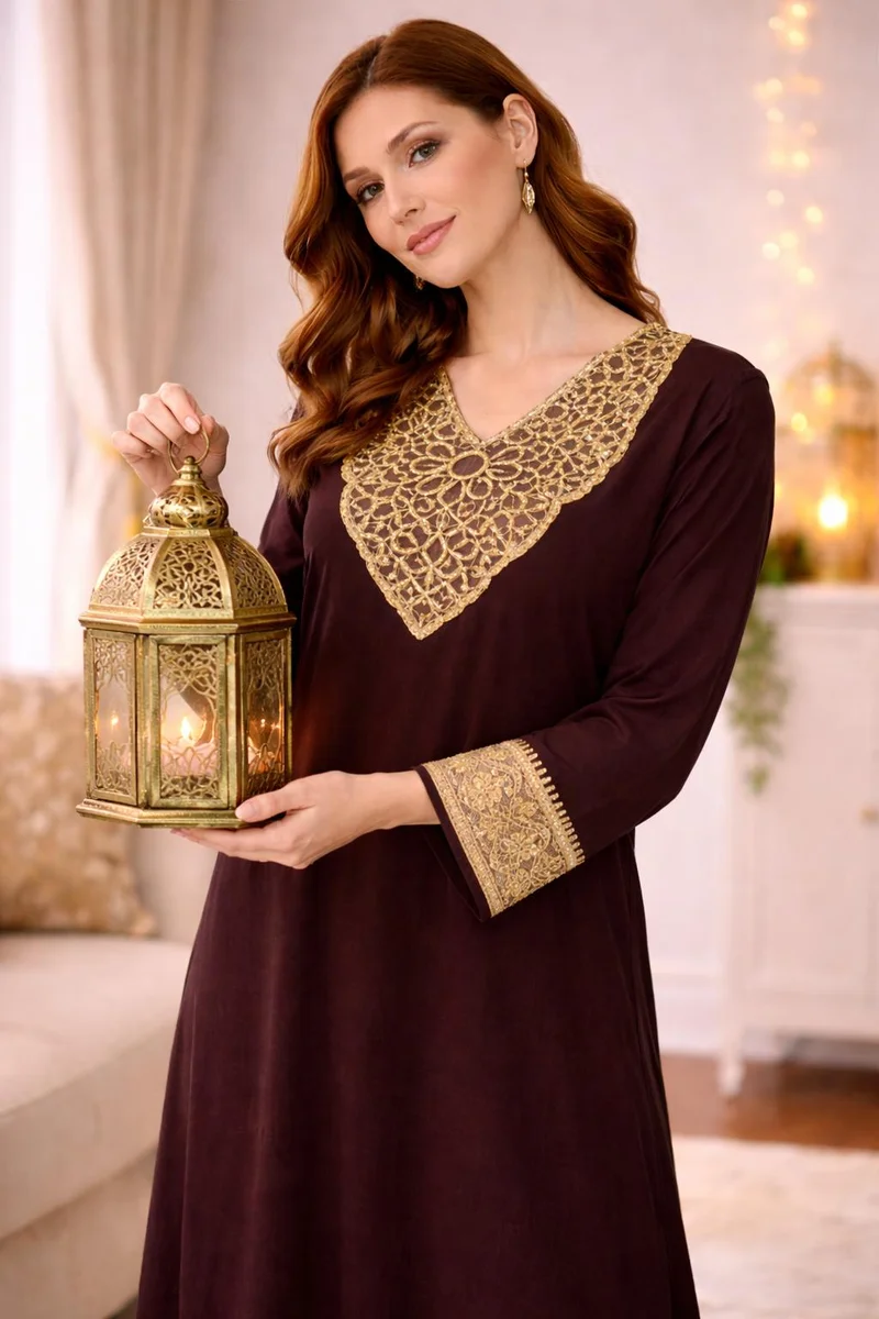 Artemea Women’s Festive Dark Brown Rayon Jalabiya with Golden Embroidered Neckline & Lace Sleeves